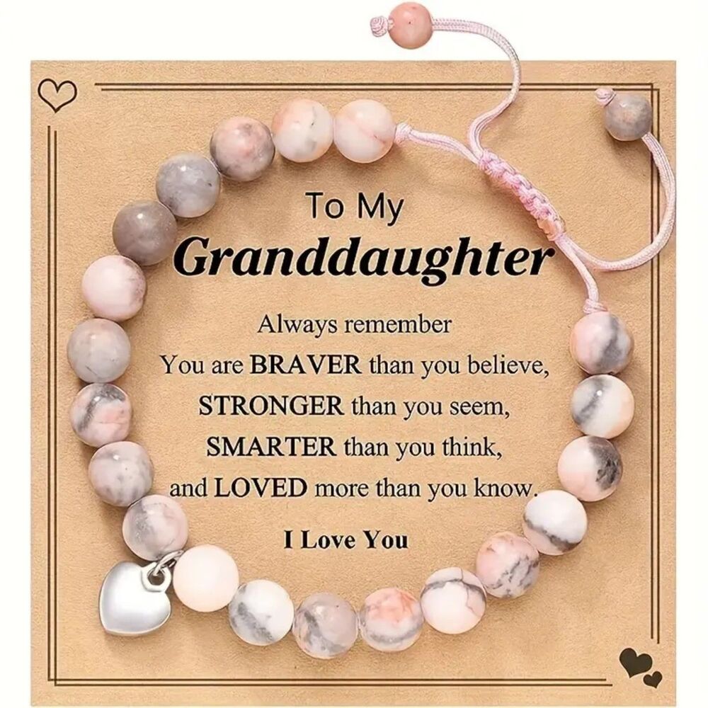 Pink Zebra Jasper Beaded Gemstone Bracelet Granddaughter Silver Dangle Charm